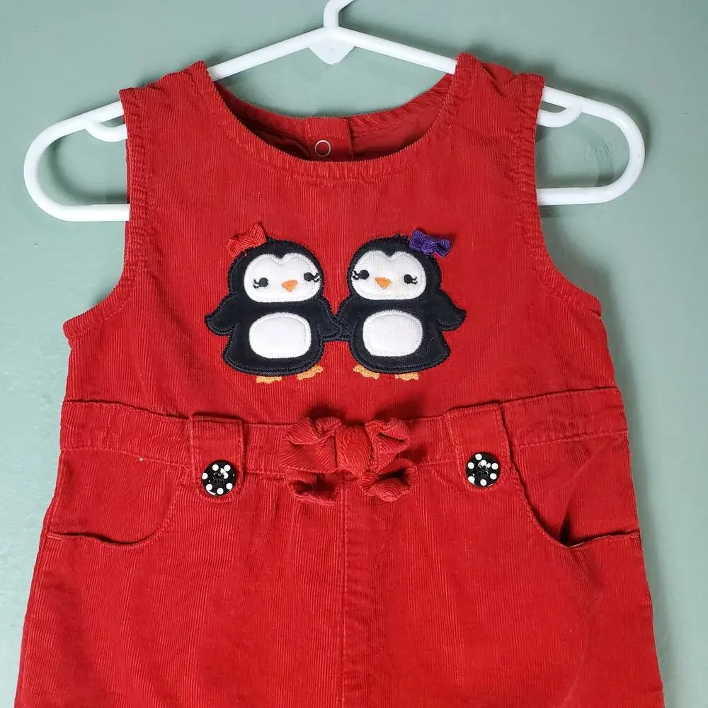 Gymboree Winter Penguin Girls Red Penguin Corduroy Overall Size 2T